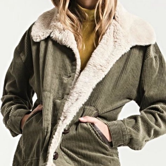 White Crow | Size Small 70's Inspired 100% Cotton Olive Corduroy Sherpa Jacket - Picture 2 of 10